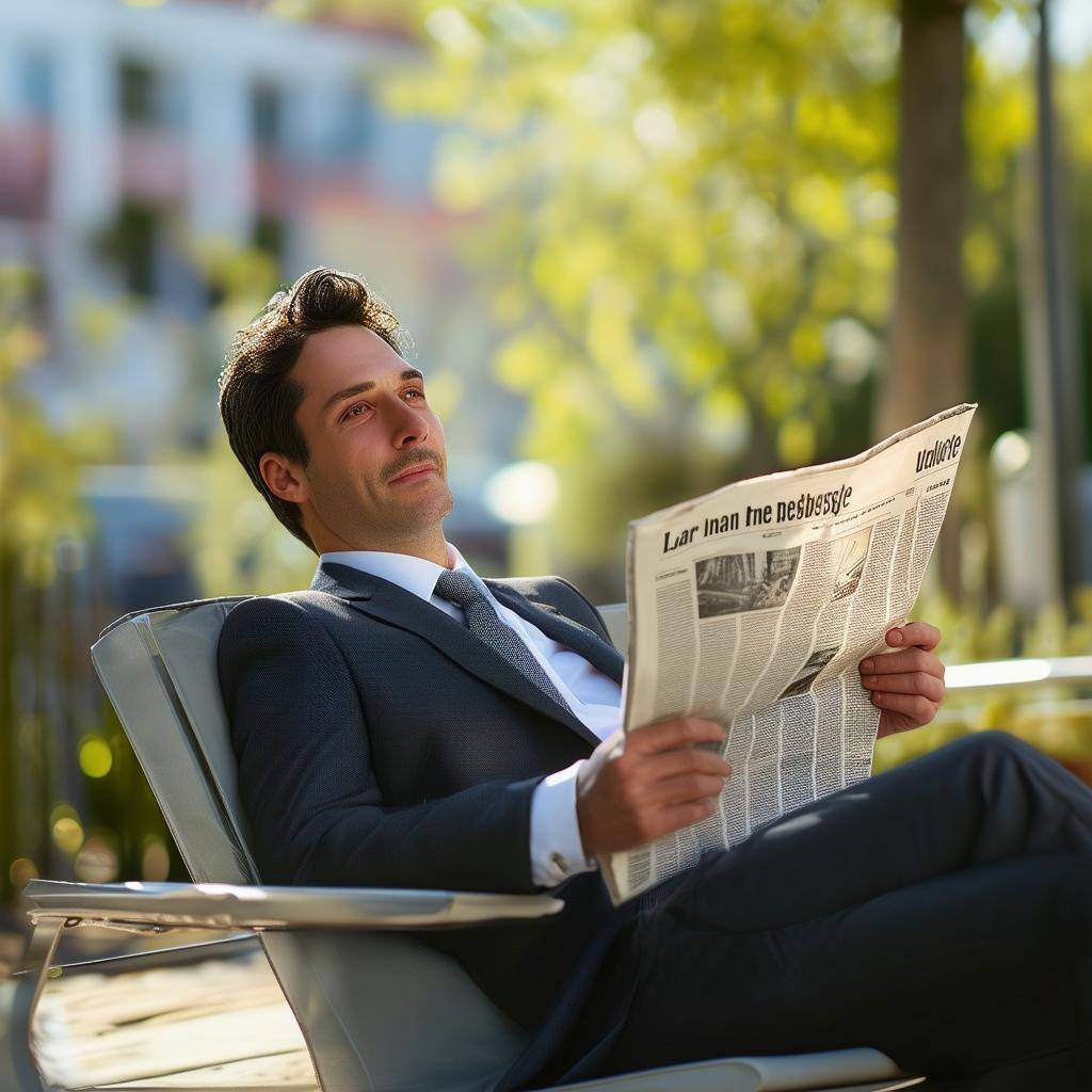 photorealistic, man in business attire lounging comfortably and reading a newspaper photorealistic, man in business attire lounging comfortably and reading a newspaper